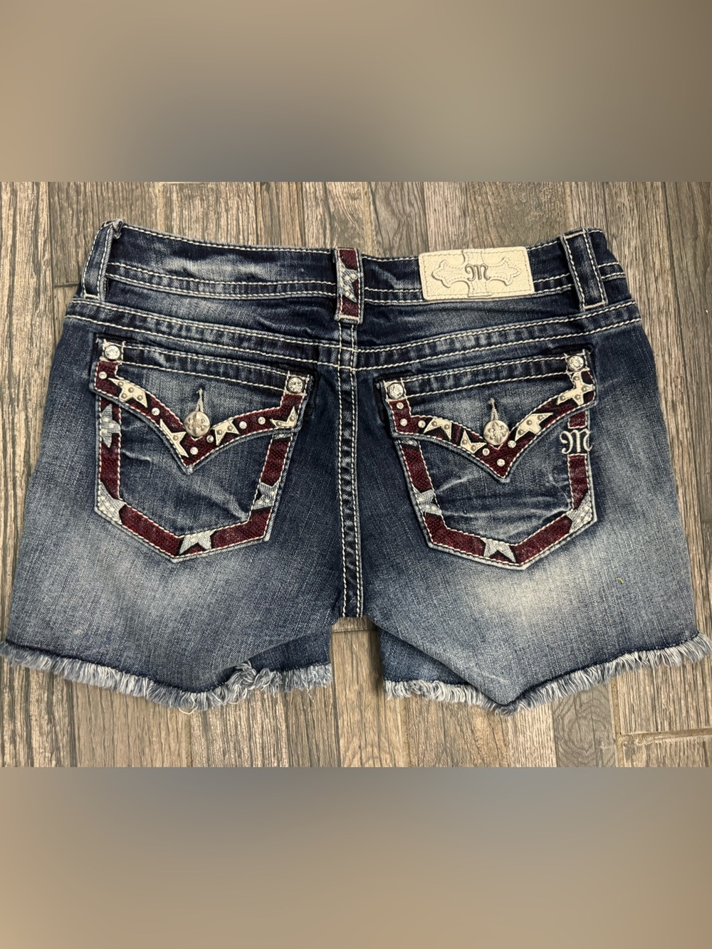Miss Me Dark Wash Denim Shorts with Burgundy and White Pocket Accents - 28